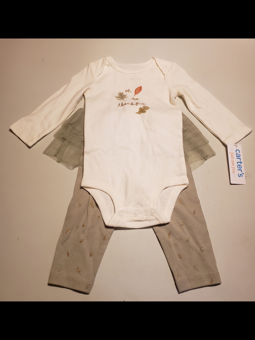 Carter's "Oh So Thankful" Long-Sleeve Bodysuit with Green Leggings and Tulle